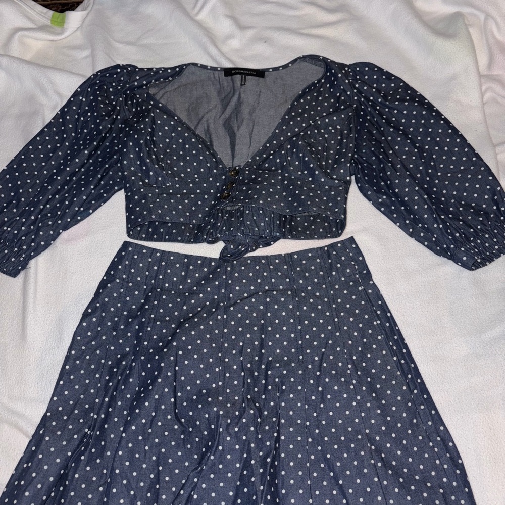 Polka Dot Two-Piece Crop Top & Short Set - Navy White